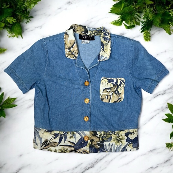 Vintage 90s Christina Hope Denim Floral Trim Mixed Print Button Down Blouse - Picture 10 of 10